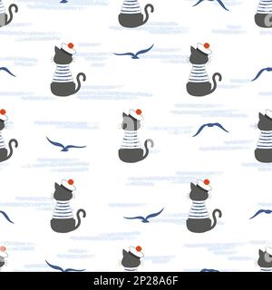 Nahtloses Marinemuster mit Katzenmatrose und Möwen. Vector Sea Hintergrund für Kinder Stock Vektor