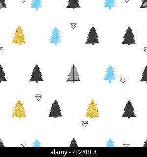 Weihnachtsbaummuster. Nahtloser Vektorhintergrund in Blau, Schwarz und Gold. Stock Vektor