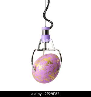 Lila Roboterklaue aus Metall hält lila Happy Easter Ei mit goldenem Muster. Isoliert auf weißem Hintergrund. 3D-Rendering Stockfoto