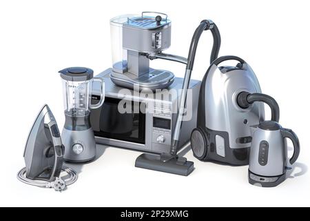 Haushaltsgeräte. Satz von Haushaltsküchentechniken isoliert auf weißem Bakenboden. 3D Abbildung Stockfoto