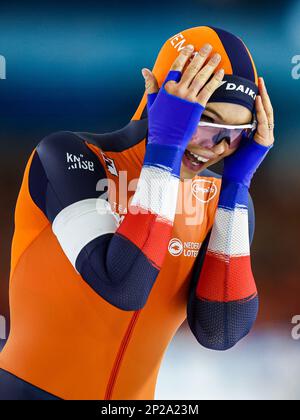 HERENVEEN - Jutta Leerdam gewinnt die 1000 Meter für Frauen bei der ISU World Speed Skating Championships in Thialf. ANP VINCENT JANNINK Stockfoto
