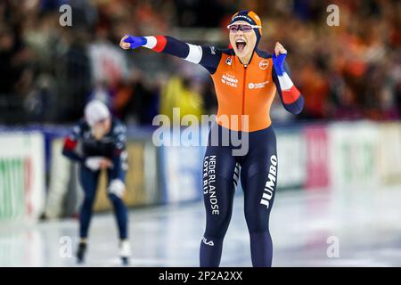HERENVEEN - Jutta Leerdam gewinnt die 1000 Meter für Frauen bei der ISU World Speed Skating Championships in Thialf. ANP VINCENT JANNINK Stockfoto