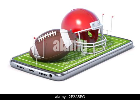 American Football App Videospiel auf Smartphone... Handy und american Football Ball und Helm isoliert auf weiß. 3D Abbildung Stockfoto