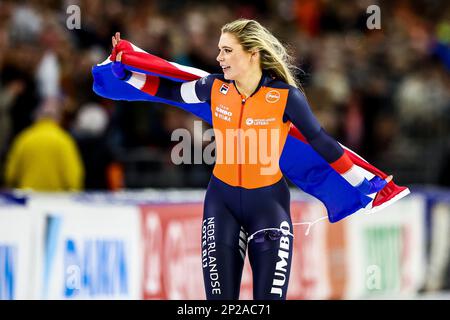 HERENVEEN - Jutta Leerdam gewinnt die 1000 Meter für Frauen bei der ISU World Speed Skating Championships in Thialf. ANP VINCENT JANNINK Stockfoto