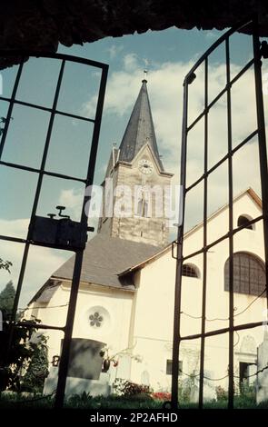 Blick durch ein eisernes Tor auf den Friedhof und die Pfarrkirche Mariae Himmelfahrt des ehemaligen Klosters Ossiach, Ossiach, Kärnten, Österreich, 1968 Stockfoto