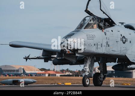 Ein A-10 Thunderbolt II-Flugzeug, das dem 122. Kampfflugzeug, Fort Wayne Air National Guard Base, Indiana, zugewiesen ist, Taxis auf der Fluglinie am MacDill Air Force Base, Florida, 24. Januar 2023. Die 122. FW nutzte MacDill als Hauptbetriebsbasis für Operation Guardian Blitz 2023, eine Übung, die sich auf Agile Combat Employment-Konzepte und Manövrierfähigkeit konzentrierte. Stockfoto