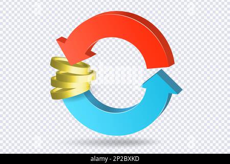Zwei Pfeile kreisen um die goldenen Münzen. Zahlungskonzept. Symbol für isometrischen Geldwechsel. Investitions- und Bankkonzept. Währungstransfer, Geldüberweisungen Stock Vektor