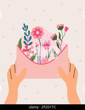 Wunderschöne Postkarte mit einem Strauß Frühlingsblumen im Umschlag. Ein Blumenarrangements zum Feiern eines Geburtstags, einer Hochzeit, Muttertags, Frühlings usw. Vektordarstellung. Stock Vektor