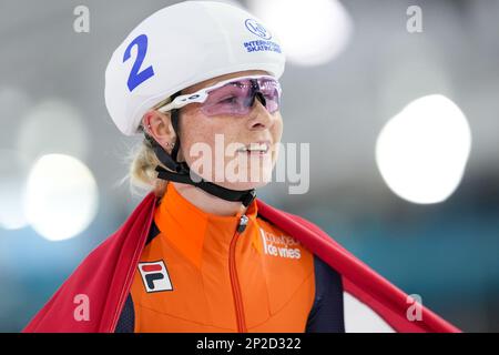 HEERENVEEN, NIEDERLANDE - MÄRZ 4: Marijke Groenewoud aus den Niederlanden reagiert auf die Teilnahme an der Mass Start Women während der ISU World Speed Skating Championships 2023 am 4. März 2023 in Heerenveen, Niederlande (Foto von Douwe Bijlsma/Orange Pictures) NOCNSF Stockfoto
