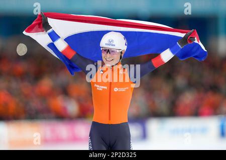 HEERENVEEN, NIEDERLANDE - MÄRZ 4: Marijke Groenewoud aus den Niederlanden reagiert auf die Teilnahme an der Mass Start Women während der ISU World Speed Skating Championships 2023 am 4. März 2023 in Heerenveen, Niederlande (Foto von Douwe Bijlsma/Orange Pictures) NOCNSF Stockfoto