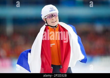 HEERENVEEN, NIEDERLANDE - MÄRZ 4: Marijke Groenewoud aus den Niederlanden reagiert auf die Teilnahme an der Mass Start Women während der ISU World Speed Skating Championships 2023 am 4. März 2023 in Heerenveen, Niederlande (Foto von Douwe Bijlsma/Orange Pictures) NOCNSF Stockfoto