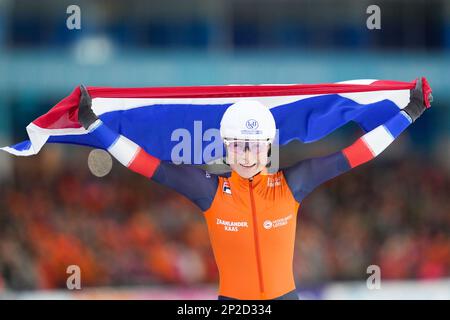 HEERENVEEN, NIEDERLANDE - MÄRZ 4: Marijke Groenewoud aus den Niederlanden reagiert auf die Teilnahme an der Mass Start Women während der ISU World Speed Skating Championships 2023 am 4. März 2023 in Heerenveen, Niederlande (Foto von Douwe Bijlsma/Orange Pictures) NOCNSF Stockfoto