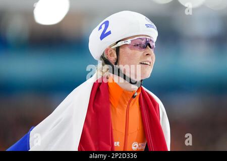 HEERENVEEN, NIEDERLANDE - MÄRZ 4: Marijke Groenewoud aus den Niederlanden reagiert auf die Teilnahme an der Mass Start Women während der ISU World Speed Skating Championships 2023 am 4. März 2023 in Heerenveen, Niederlande (Foto von Douwe Bijlsma/Orange Pictures) NOCNSF Stockfoto
