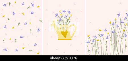 Kombination aus hellen Kompositionen mit Frühlingsblumen in Gießkanne, dekorativen Blumen und Blättern. Postkarten Frühlingsblüte. Ideal für Banner, Karten, Poster. Vektordarstellung. Stock Vektor