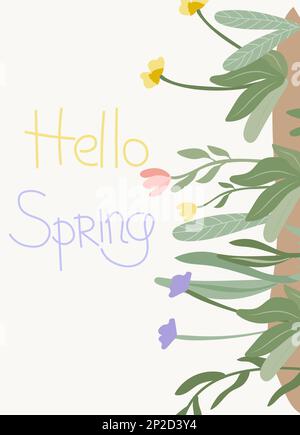 Eine helle Komposition mit Frühlingsblumen, grünen Blättern und der Inschrift Hallo Frühling. Frühlingsblüte. Konzept von Urlaub, Freude, Glück. Vektorgrafiken. Stock Vektor