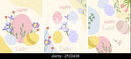 Postkarten mit farbigen Ostereiern, Frühlingsblumen und Blättern in Pastelltönen. Ideal für Banner, Einladungen, Karten, Poster, Aufkleber. Vektordarstellung. Stock Vektor