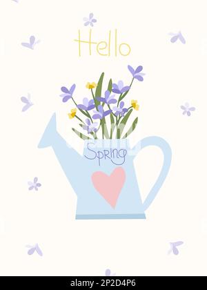 Blühende Frühlingsblumen und Blätter in einer Gießkanne. Postkarten Frühlingsblüte. Ideal für Banner, Karten, Poster, Aufkleber. Vektordarstellung. Stock Vektor