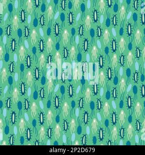 Handgezeichnete Mikroorganismen nahtloses Muster auf grünem Hintergrund. Stock Vektor