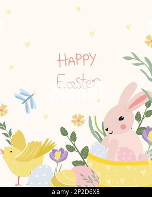 Leuchtende Karte mit einem niedlichen Hasen im Korb, Hühner, Frühlingsblumen und Ostereiern. Grußkarten, Frühlingsblumen. Ideal für Banner, Karten, Poster. Vektordarstellung. Vektordarstellung Stock Vektor