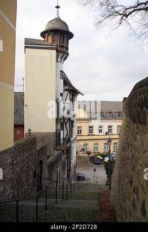Sternwarte, Observatorium, mehrstöckiges altes Haus mit Holzrahmen und Turm, mit Blick auf die Kuppeltreppe im Herzen der Altstadt, Wetzlar Stockfoto