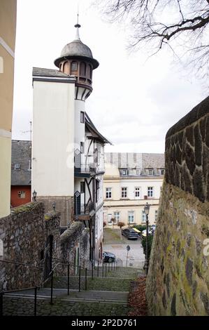 Sternwarte, Observatorium, mehrstöckiges altes Haus mit Holzrahmen und Turm, mit Blick auf die Kuppeltreppe im Herzen der Altstadt, Wetzlar Stockfoto