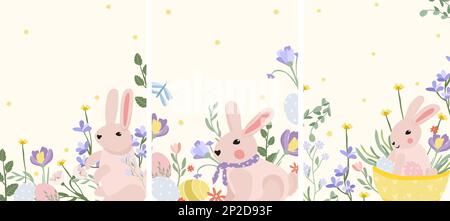 Leuchtende Karten mit einem niedlichen Hasen, Frühlingsblumen und Ostereiern. Grußkarten mit Platz für Ihren Text. Frühlingsblüte. Ideal für Banner, Karten, Poster. Vektordarstellung. Stock Vektor