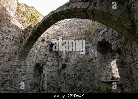 Steinbogen im Beaumaris Castle, Anglesey, Nordwales. Stockfoto