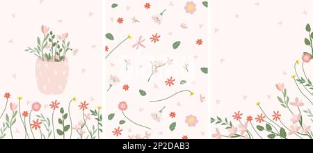 Kombination aus hellen Kompositionen mit Frühlingsblumen in dekorativer Vase, Schmetterlingen, grünen Blättern. Postkarten Frühlingsblüte. Ideal für Banner, Karten, Poster. Vektordarstellung. Stock Vektor