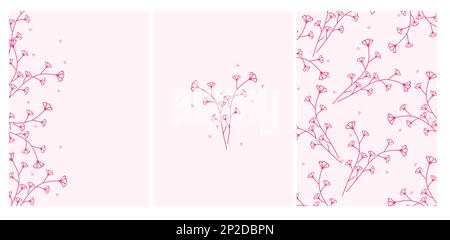 Kombination aus Postkarten und pinkfarbenen Feldblumen. Blumenkarten zum Feiern von Geburtstagen, Hochzeiten, Muttertag, Frühling usw. Vektordarstellung. Stock Vektor
