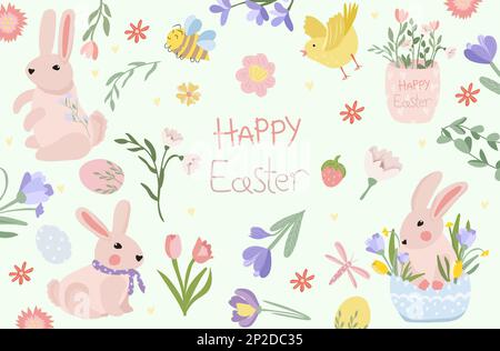 Grußkarte mit Ostern, niedlichen Hasen, einem Vogel, Frühlingsblumen in einer Vase, einem Huhn usw. Leuchtende Frühlingsblüte. Ideal für Banner, Karten, Poster, Aufkleber. Vektordarstellung Stock Vektor
