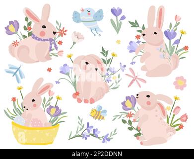 Eine Sammlung süßer Kompositionen mit einem Kaninchen, das in einem Korb sitzt, Frühlingsblumen, einem Vogel, Schmetterlingen und Ostereiern. Frühlingsblüte. Vektorgrafiken Stock Vektor