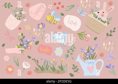 Frühlingszusammensetzung mit einem niedlichen Kaninchen, einem Blumenstrauß, Vase, Vogel, grünen Blättern auf der Inschriften-Feder. Leuchtende Kompositionen für Poster, Banner, Karten, Ostern, Frühlingsferien. Vektor Stock Vektor