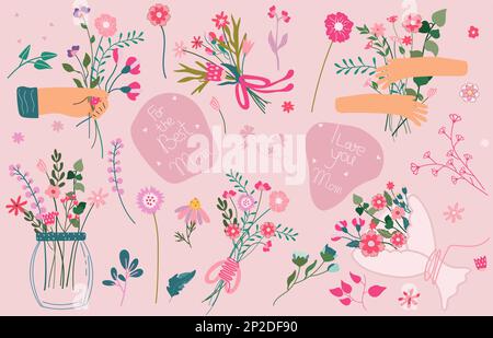 Alles gute zum Muttertag. Illustration mit einem Blumenstrauß in den Händen, Inschriften zum Muttertag, leuchtenden Blumen in einem Glas, Blättern usw. Geblümte Postkarten zum Feiern des Muttertags, Frühlings usw. Stock Vektor