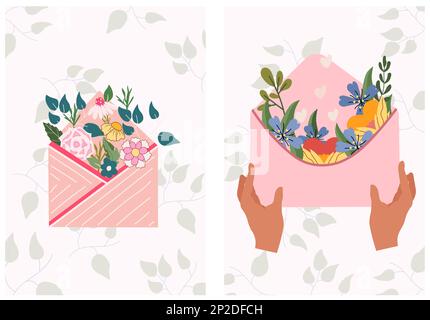 Wunderschöne Postkarten mit einem Strauß Frühlingsblumen im Umschlag. Ein Blumenarrangements zum Feiern eines Geburtstags, einer Hochzeit, Muttertags, Frühlings usw. Vektordarstellung. Stock Vektor