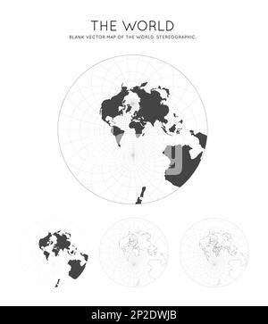 Weltkarte. Stereographisch. Kugel mit Breiten- und Längengradlinien. Weltkarte über Meridiane und Parallelen im Hintergrund. Vektordarstellung. Stock Vektor