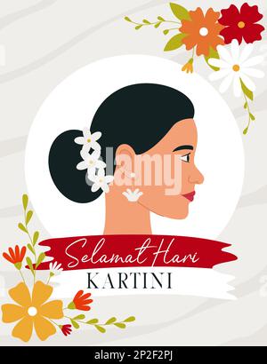 Selamat Hari Kartini Bedeutet Happy Kartini Day. Kartini ist eine indonesische Heldin. Profil einer dunkelhaarigen Frau, umgeben von Blumen. Flacher Vektor krank Stock Vektor