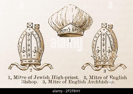 Eine Illustration aus dem 19. Jahrhundert, die verschiedene religiöse Mitres zeigt (ein hoher Kopfschmuck, der von Bischöfen und älteren Abbots als Symbol für das Amt getragen wird) Stockfoto