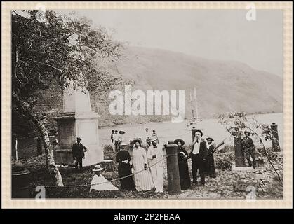 Ein altes Foto der Gedenkstätte für die Ermordung von Captain Cook Senior in Kealakekua Bay, Hawai'i Stockfoto