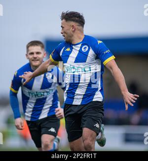 Chester, Cheshire, England, 4. März 2023. Chester's Kurt Willoughby feiert sein Tor im Chester Football Club V Banbury United Football Club in der Vanarama National League North (Bild: ©Cody Froggatt/Alamy Live News) Stockfoto