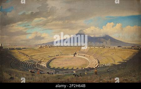 Amphitheater in Pompeji mit Vesuv im Hintergrund, zweite Hälfte des 19. Jahrhunderts. Private Sammlung. Stockfoto