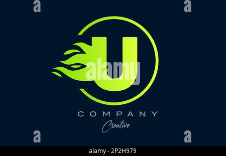 U-Buchstabensymbol für Unternehmen mit grünen Flammen. Branddesign passend für Firmenlogo Stock Vektor