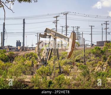 3. März 2023, Los Angeles, Kalifornien, USA: Ein Pumpjack ist auf dem Inglewood Oil Field in Los Angeles, Kalifornien, tätig. Es ist das größte Ölfeld in LA. Stockfoto