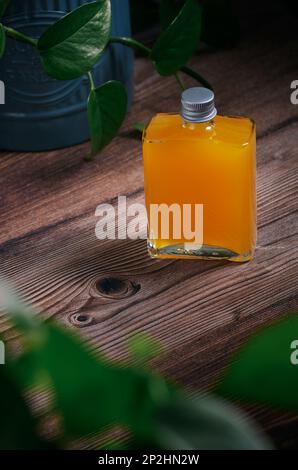Glasbecher mit orangefarbenem Cocktail auf einem Holztisch und Pflanzen herum, keine Menschen Stockfoto
