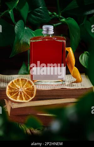 Glasbecher mit roter Flüssigkeit aus Alkohol, Getränk mit Orangenschale und getrockneten Früchten auf Büchern und Pflanzenumgebung, eingekleidet Stockfoto