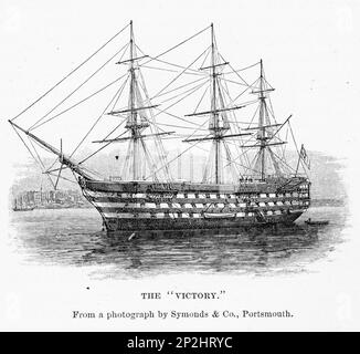 HMS Victory ist ein erstklassiges Schiff der Royal Navy mit 104 Pistolen, das 1758 bestellt, 1759 niedergelegt und 1765 gestartet wurde. Am besten bekannt ist sie für ihre Rolle als Lord Nelsons Flaggschiff bei der Schlacht von Trafalgar am 21. Oktober 1805. Stockfoto