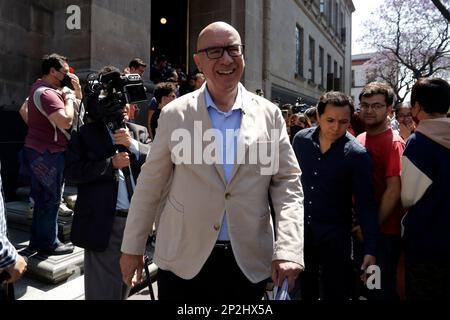 Nicht exklusiv: 3. März 2023, Mexiko-Stadt, Mexiko: Der Präsident der Partei der Bürgerbewegung, Dante Delgado, stellt eine konstitutionelle Herausforderung Stockfoto