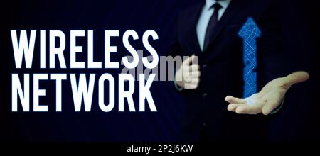 Das Schild zeigt Wireless Network (WLAN) an. Computernetzwerk für Geschäftskonzepte, das drahtlose Datenverbindungen verwendet Stockfoto