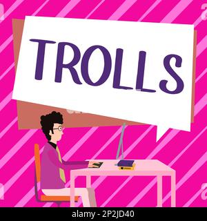 Schild mit Trolls. Konzept bedeutet Internet-Slang-Troll-Person, die anfängt, Leute im Internet zu verärgern Stockfoto