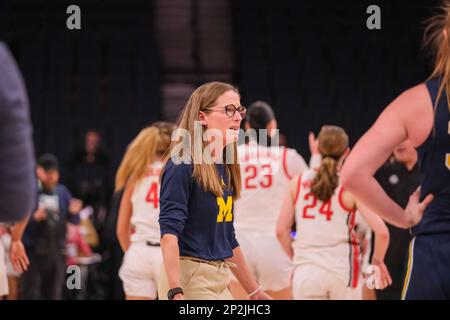 Minneapolis, Minnesota, USA. 3. März 2023. Michigan Wolverines Cheftrainer KIM BARNES ARICO am Ende von Ohio State gegen Michigan am Freitag, den 3. März beim Big Ten Women's Basketball Tournament 2023 in Minneapolis, Minnesota. Ohio State gewann 81-79 (Kreditbild: © Steven Garcia/ZUMA Press Wire) – NUR REDAKTIONELLE VERWENDUNG! Nicht für den kommerziellen GEBRAUCH! Stockfoto