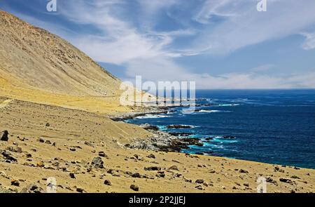 Die Wüste Atacama trifft auf die unbewohnte wilde Felsenküste des Ozeans: Trockene, karge Sandberge, einsame Bucht, blaues Meer - Pan de Azucar, Nordchilen Stockfoto